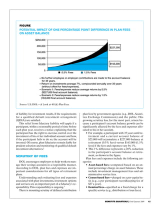 BENEFITS QUARTERLY, First Quarter 2009     13  
plan fees by government agencies (e.g., DOL, Securi­
ties Exchange Commission) and the public. This
growing scrutiny has, for the most part, arisen be­
cause a participant’s account balance growth can be
significantly affected by the fees and expenses allo­
cated to his or her account.
•	For example, a participant with 35 years until re­
tirement and a current account balance of
$25,000 will accumulate a $227,000 balance at
retirement (0.5% fees) versus $163,000 (1.5%
fees) if the fees and expenses vary by 1%.
•	This 1% difference represents a 28% reduction
in the participant’s account balance at retire­
ment, as shown in the figure.
Plan fees and expenses include the following cat­
egories:
•	Asset-based fees—computed based on an an­
nual percentage charge on asset balances.These
include investment management fees and ad­
ministrative service fees.
•	Census-based fees—charged on a per-capita ba­
sis (e.g., a per participant recordkeeping fee of
$27 a year).
•	Itemized fees—specified as a fixed charge for a
specific service (e.g., distribution or loan fees).
of liability for investment results, if the requirements
for a qualified default investment arrangement
(QDIA) are satisfied.
This relief from fiduciary liability will apply if a
participant, within a reasonable period of time before
each plan year, receives a notice explaining that the
participant has the right to exercise control over the
investment of his or her individual account and how,
if the participant fails to do so, the account will be
invested. Of course, plan fiduciaries remain liable for
prudent selection and monitoring of qualified default
investment alternatives.2
Scrutiny of Fees
DOL encourages employers to help workers man­
age their savings accounts in a responsible manner.
According to DOL, plan fees and expenses are im­
portant considerations for all types of retirement
plans.
Understanding and evaluating fees and expenses
associated with plan investments, investment options
and services are an important part of a fiduciary’s re­
sponsibility.This responsibility is ongoing.3
There is mounting scrutiny of defined contribution
Figure
Potential Impact of One Percentage Point Difference in Plan Fees
on Asset Balance
Source: U.S. DOL—A Look at 401(k) Plan Fees.
0.5% Fees 1.5% Fees
$227,000
$163,000
$250,000
200,000
150,000
100,000
50,000
0
—No further employee or employer contributions are made to the account balance
for 35 years.
—Return on investments average 7%, compounded annually over 35 years
(without offset for fees/expenses).
—Scenario 1: Fees/expenses reduce average returns by 0.5%
($227,000 final account balance).
—Scenario 2: Fees/expenses reduce average returns by 1.5%
(163,000 final account balance).
 
