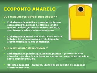 ECOPONTO AMARELO Que resíduos recicláveis deve colocar ?   Embalagens de plástico  - garrafas de água e sumo, garrafões, sacos de plástico limpos, frascos de detergente e de outros produtos, sem tampa, vazios e bem enxaguados. Embalagens de metal  - latas de conserva e de bebidas, latas de aerossóis e tabuleiros de alumínio utilizados nos congelados. Que resíduos não deve colocar ?   Embalagens de plástico que tenham gordura  - garrafas de óleo alimentar, pacotes de manteiga ou margarina, pacotes de iogurte e  sacos de plástico sujos. Objectos de metal  -  talheres, utensílios de cozinha ou pequenos electrodomésticos. 
