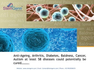 Website	
  :	
  www.stemgenn.com	
  |	
  Email	
  :	
  Contact@stemgenn.com	
  |	
  Phone	
  :	
  +91	
  9910596674	
  
Anti-Ageing, Arthritis, Diabetes, Baldness, Cancer,
Autism at least 58 diseases could potentially be
cured……….
 