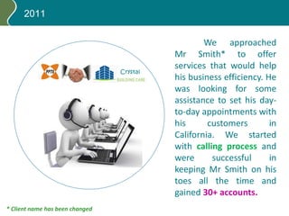 2011
We approached
Mr Smith* to offer
services that would help
his business efficiency. He
was looking for some
assistance to set his day-
to-day appointments with
his customers in
California. We started
with calling process and
were successful in
keeping Mr Smith on his
toes all the time and
gained 30+ accounts.
Crystal
* Client name has been changed
 