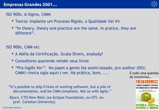 © 2012 Marcio Marchini
Empresas Grandes 2001…
ISO 900x, 6-Sigma, CMMi
 Teoria: Implante um Processo Rígido, a Qualidade V...