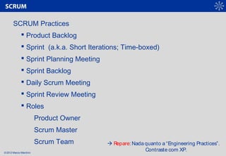 © 2012 Marcio Marchini
SCRUM
SCRUM Practices
 Product Backlog
 Sprint (a.k.a. Short Iterations; Time-boxed)
 Sprint Pla...