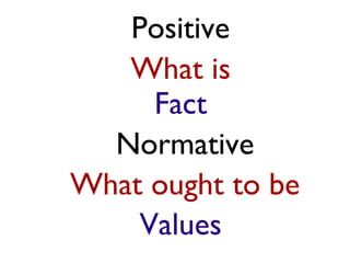 Positive
   What is
     Fact
  Normative
What ought to be
    Values
 