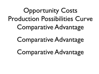 Opportunity Costs
Production Possibilities Curve
   Comparative Advantage
   Comparative Advantage
   Comparative Advantage
 