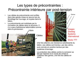 Les types de précontraintes :
Précontrainte intérieure par post-tension
• Les câbles de précontrainte sont enfilés
dans des gaines mises en œuvre lors du
ferraillage de l’ouvrage, et noyées dans le
béton.
• La précontrainte est mobilisée par la
circulation de câbles dans la structure. Il
n’y a pas d’adhérence béton/câble comme
dans la pré-tension.
Une fois atteinte une résistance satisfaisante du
béton, ces câbles sont tendus par des vérins,
puis coincés en position tendue par des
systèmes d’ancrage.
La protection des câbles contre la corrosion se
fait par injection d’un coulis de ciment à
l’intérieur des gaines, une fois les câbles en
place.
Images
Diwidag
Systems
International
Droits ???
Gaines
Vérin
Câbles
 