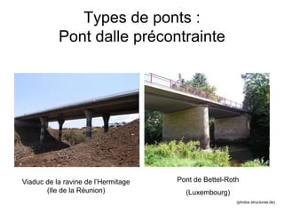 Types de ponts :
Pont dalle précontrainte
Pont de Bettel-Roth
(Luxembourg)
Viaduc de la ravine de l’Hermitage
(Ile de la Réunion)
(photos structurae.de)
 