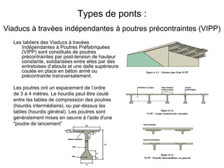 Types de ponts :
Viaducs à travées indépendantes à poutres précontraintes (VIPP)
Les tabliers des Viaducs à travées
Indépendantes à Poutres Préfabriquées
(VIPP) sont constitués de poutres
précontraintes par post-tension de hauteur
constante, solidarisées entre elles par des
entretoises d’abouts et une dalle supérieure
coulée en place en béton armé ou
précontrainte transversalement.
Les poutres ont un espacement de l’ordre
de 3 à 4 mètres. Le hourdis peut être coulé
entre les tables de compression des poutres
(hourdis intermédiaire), ou par-dessus les
tables (hourdis général). Les poutres sont
généralement mises en oeuvre à l'aide d'une
"poutre de lancement"
 