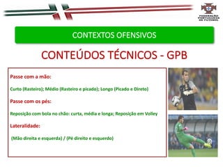 Passe com a mão:
Curto (Rasteiro); Médio (Rasteiro e picado); Longo (Picado e Direto)
Passe com os pés:
Reposição com bola no chão: curta, média e longa; Reposição em Volley
Lateralidade:
(Mão direita e esquerda) / (Pé direito e esquerdo)
CONTEÚDOS TÉCNICOS - GPB
CONTEXTOS OFENSIVOS
 