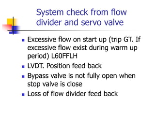 System check from flow
divider and servo valve
 Excessive flow on start up (trip GT. If
excessive flow exist during warm up
period) L60FFLH
 LVDT. Position feed back
 Bypass valve is not fully open when
stop valve is close
 Loss of flow divider feed back
 