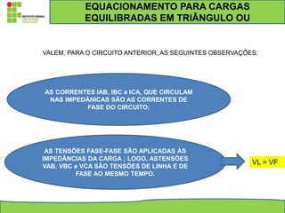 VALEM, PARA O CIRCUITO ANTERIOR, AS SEGUINTES OBSERVAÇÕES:
AS CORRENTES IAB, IBC e ICA, QUE CIRCULAM
NAS IMPEDÂNICAS SÃO AS CORRENTES DE
FASE DO CIRCUITO;
AS TENSÕES FASE-FASE SÃO APLICADAS ÀS
IMPEDÂNCIAS DA CARGA ; LOGO, ASTENSÕES
VAB, VBC e VCA SÃO TENSÕES DE LINHA E DE
FASE AO MESMO TEMPO.
EQUACIONAMENTO PARA CARGAS
EQUILIBRADAS EM TRIÂNGULO OU
VL = VF
 