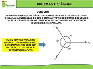 CONCEITO
DIVERSOS SISTEMAS POLIFÁSICOS FORAM ESTUDADOS E OS ESPECIALISTAS
CHEGARAM À CONCLUSÃO DE QUE O SISTEMA TRIFÁSICO É O MAIS ECONÔMICO,
OU SEJA, SÃO NECESSARIOS QUANDO A CARGA CONSOME MUITA POTENCIA
(CORRENTE E TENSÃO ALTA).
EM UM SISTEMA TRIFÁSICO
SIMÉTRICO, AS TENSÕES ESTÃO
DEFASADAS ENTRE SI DE 120º
(OU SEJA, 1 / 3 DE 360º QUE
CORRESPONDE A 120º).
SISTEMAS TRIFÁSICOS
 