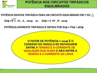 O FATOR DE POTÊNCIA = cosφ É O
COSSENO DO ÂNGULO DE DEFASAGEM
ENTRE A TENSÃO E A CORRENTE DE
QUALQUER DAS FASES E NÃO ENTRE A
TENSÃO E A CORRENTE DA LINHA
POTÊNCIA NOS CIRCUITOS TRIFÁSICOS
EQUILIBRADOS
POTÊNCIA APARENTE TRIFÁSICA É OBTIDA POR S3ϕ = P3ϕ + jQ3ϕ
POTÊNCIA REATIVA TRIFÁSICA PARA UM CIRCUITO EQUILIBRADO EM Y OU
Q3ϕ = 3 . VL . IL . senφ ou Q3ϕ = 3. VF . IF . senφ
 