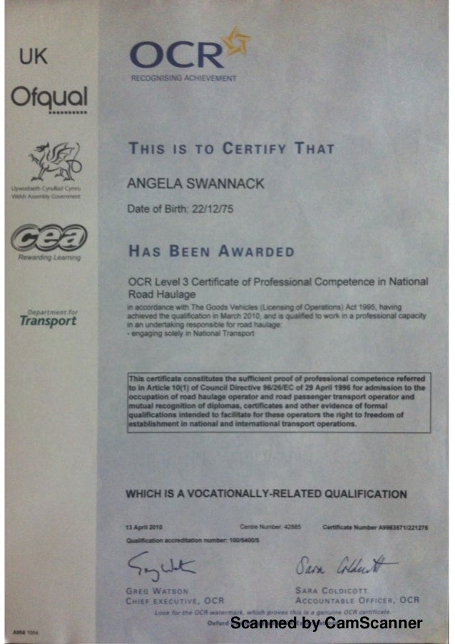 OCR Level 3 Certificate of Professional Competence in National Road Haulage