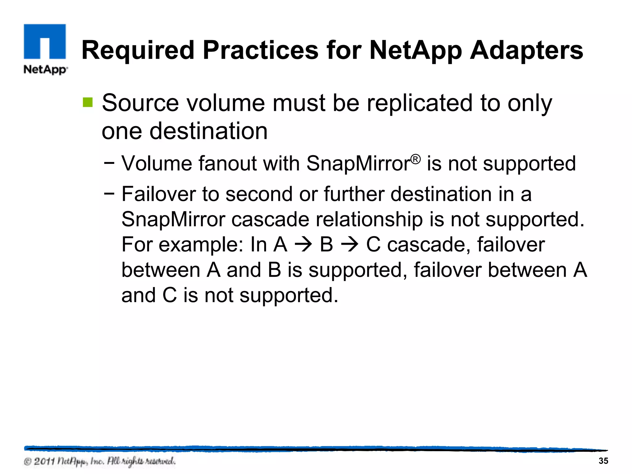 Required Practices for NetApp Adapters
 Source volume must be replicated to only
one destination
− Volume fanout with SnapMirror® is not supported
− Failover to second or further destination in a
SnapMirror cascade relationship is not supported.
For example: In A  B  C cascade, failover
between A and B is supported, failover between A
and C is not supported.
35
 