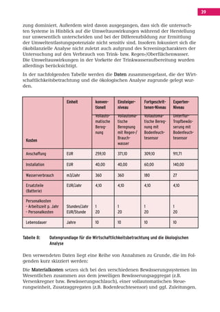 Inhalt Korrektur 28.11.08.qxd              28.11.2008      09:31       Seite 39




                                                                                                            39

        zung dominiert. Außerdem wird davon ausgegangen, dass sich die untersuch-
        ten Systeme in Hinblick auf die Umweltauswirkungen während der Herstellung
        nur unwesentlich unterscheiden und bei der Differenzbildung zur Ermittlung
        der Umweltentlastungspotenziale nicht sensitiv sind. Insofern fokussiert sich die
        ökobilanzielle Analyse nicht zuletzt auch aufgrund des Screeningcharakters der
        Untersuchung auf den Verbrauch von Trink- bzw. Regen-/Oberflächenwasser.
        Die Umweltauswirkungen in der Vorkette der Trinkwasseraufbereitung wurden
        allerdings berücksichtigt.
        In der nachfolgenden Tabelle werden die Daten zusammengefasst, die der Wirt-
        schaftlichkeitsbetrachtung und die ökologischen Analyse zugrunde gelegt wur-
        den.


                                 Einheit         konven-      Einsteiger-    Fortgeschrit -   Experten-
                                                 tionell      niveau         tenen-Niveau     Niveau
                                                 Vollauto-    Vollautoma-    Vollautoma-      Unterflur-
                                                 matische     tische         tische Bereg-    Tropfbewäs-
                                                 Bereg-       Beregnung      nung mit         serung mit
                                                 nung         mit Regen-/    Bodenfeuch-      Bodenfeuch-
                                                              Brauch-        tesensor         tesensor
         Kosten
                                                              wasser

         Anschaffung             EUR             259,10       371,10         309,10           911,71

         Installation            EUR             40,00        40,00          60,00            140,00

         Wasserverbrauch         m3/Jahr         360          360            180              27

         Ersatzteile             EUR/Jahr        4,10         4,10           4,10             4,10
         (Batterie)

         Personalkosten
         - Arbeitszeit p. Jahr   Stunden/Jahr    1            1              1                1
         - Personalkosten        EUR/Stunde      20           20             20               20

         Lebensdauer             Jahre           10           10             10               10


        Tabelle 8:      Datengrundlage für die Wirtschaftlichkeitsbetrachtung und die ökologischen
                        Analyse

        Den verwendeten Daten liegt eine Reihe von Annahmen zu Grunde, die im Fol-
        genden kurz skizziert werden:
        Die Materialkosten setzen sich bei den verschiedenen Bewässerungssystemen im
        Wesentlichen zusammen aus dem jeweiligen Bewässerungsaggregat (z.B.
        Versenkregner bzw. Bewässerungsschlauch), einer vollautomatischen Steue-
        rungseinheit, Zusatzaggregaten (z.B. Bodenfeuchtesensor) und ggf. Zuleitungen.
 