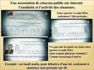 Une association de citoyens publie sur internetUne association de citoyens publie sur internet
l’assiduité et l’activité des sénateurs.l’assiduité et l’activité des sénateurs.
Entre janvier et août 2014,Entre janvier et août 2014,
seulement 3 fois présente.seulement 3 fois présente.
N’a pas mis les pieds au sénat entreN’a pas mis les pieds au sénat entre
janvier et août 2014janvier et août 2014
mais cumule plusieurs mandats !mais cumule plusieurs mandats !
Comme beaucoup d’autres.Comme beaucoup d’autres.
Exemple : un lundi matin, pour débattre d’une loi, seulement 6Exemple : un lundi matin, pour débattre d’une loi, seulement 6
sénateurs sont présents sur 49.sénateurs sont présents sur 49.
 