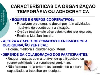 CARACTERÍSTICAS DA ORGANIZAÇÃO
                    TEMPORÁRIA OU ADHOCRÁTICA
Administrativos
  Processos




                  • EQUIPES E GRUPOS COOPERATIVOS:
                     • Resolvem problemas e desempenham atividades
                       mutáveis de acordo com a situação.
                     • Órgãos tradicionais sãos substituídos por equipes.
                     • Equipes Multifuncionais.
  • ALTERA A CADEIA DE COMANDO E ENFRAQUECE A
    COORDENAÇÃO VERTICAL:
     • Porém, melhora a coordenação lateral.
 • DEPENDE DA COLABORAÇÃO DOS PARTICIPANTES:
    • Requer pessoas com alto nível de qualificação e de
      responsabilidade por resultados conjuntos.
    • Não é adequada a empresas carentes de pessoas
      capacitadas a trabalhar em equipes.
                                                                            22/26
 