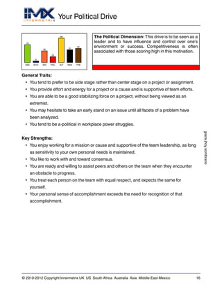 Your Political Drive
gracejhoysombrano
© 2010-2012 Copyright Innermetrix UK US South Africa Australia Asia Middle-East Mexico 16
AES
70
ECO
6
IND
46
POL
23
ALT
96
REG
51
THE
56
The Political Dimension: This drive is to be seen as a
leader and to have influence and control over one's
environment or success. Competitiveness is often
associated with those scoring high in this motivation.
General Traits:
• You tend to prefer to be side stage rather than center stage on a project or assignment.
• You provide effort and energy for a project or a cause and is supportive of team efforts.
• You are able to be a good stabilizing force on a project, without being viewed as an
extremist.
• You may hesitate to take an early stand on an issue until all facets of a problem have
been analyzed.
• You tend to be a-political in workplace power struggles.
Key Strengths:
• You enjoy working for a mission or cause and supportive of the team leadership, as long
as sensitivity to your own personal needs is maintained.
• You like to work with and toward consensus.
• You are ready and willing to assist peers and others on the team when they encounter
an obstacle to progress.
• You treat each person on the team with equal respect, and expects the same for
yourself.
• Your personal sense of accomplishment exceeds the need for recognition of that
accomplishment.
 