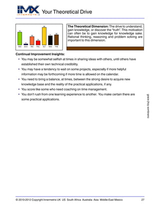 Your Theoretical Drive
gracejhoysombrano
© 2010-2012 Copyright Innermetrix UK US South Africa Australia Asia Middle-East Mexico 27
AES
70
ECO
6
IND
46
POL
23
ALT
96
REG
51
THE
56
The Theoretical Dimension: The drive to understand,
gain knowledge, or discover the “truth”.This motivation
can often be to gain knowledge for knowledge sake.
Rational thinking, reasoning and problem solving are
important to this dimension.
Continual Improvement Insights:
• You may be somewhat selfish at times in sharing ideas with others, until others have
established their own technical credibility.
• You may have a tendency to wait on some projects, especially if more helpful
information may be forthcoming if more time is allowed on the calendar.
• You need to bring a balance, at times, between the strong desire to acquire new
knowledge base and the reality of the practical applications, if any.
• You score like some who need coaching on time management.
• You don't rush from one learning experience to another. You make certain there are
some practical applications.
 