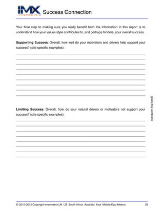 Success Connection
gracejhoysombrano
© 2010-2012 Copyright Innermetrix UK US South Africa Australia Asia Middle-East Mexico 29
Your final step to making sure you really benefit from the information in this report is to
understand how your values style contributes to, and perhaps hinders, your overall success.
Supporting Success: Overall, how well do your motivators and drivers help support your
success? (cite specific examples):
_________________________________________________________________________
_________________________________________________________________________
_________________________________________________________________________
_________________________________________________________________________
_________________________________________________________________________
_________________________________________________________________________
_________________________________________________________________________
_________________________________________________________________________
_________________________________________________________________________
Limiting Success: Overall, how do your natural drivers or motivators not support your
success? (cite specific examples):
_________________________________________________________________________
_________________________________________________________________________
_________________________________________________________________________
_________________________________________________________________________
_________________________________________________________________________
_________________________________________________________________________
_________________________________________________________________________
_________________________________________________________________________
 