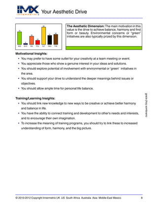 Your Aesthetic Drive
gracejhoysombrano
© 2010-2012 Copyright Innermetrix UK US South Africa Australia Asia Middle-East Mexico 8
AES
70
ECO
6
IND
46
POL
23
ALT
96
REG
51
THE
56
The Aesthetic Dimension: The main motivation in this
value is the drive to achieve balance, harmony and find
form or beauty. Environmental concerns or “green”
initiatives are also typically prized by this dimension.
Motivational Insights:
• You may prefer to have some outlet for your creativity at a team meeting or event.
• You appreciate those who show a genuine interest in your ideas and solutions.
• You should explore potential of involvement with environmental or 'green' initiatives in
the area.
• You should support your drive to understand the deeper meanings behind issues or
objectives.
• You should allow ample time for personal life balance.
Training/Learning Insights:
• You should link new knowledge to new ways to be creative or achieve better harmony
and balance in life.
• You have the ability to connect training and development to other's needs and interests,
and to encourage their own imagination.
• To increase the meaning of training programs, you should try to link these to increased
understanding of form, harmony, and the big picture.
 