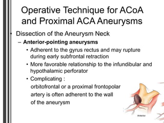 Operative Technique for ACoA
and Proximal ACA Aneurysms
• Dissection of the Aneurysm Neck
– Anterior-pointing aneurysms
• Adherent to the gyrus rectus and may rupture
during early subfrontal retraction
• More favorable relationship to the infundibular and
hypothalamic perforator
• Complicating :
orbitofrontal or a proximal frontopolar
artery is often adherent to the wall
of the aneurysm
 