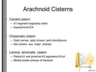 Arachnoid Cisterns
• Carotid cistern
– A1 segment originates within
– Supraclinoid ICA
• Chiasmatic cistern
– Optic nerves, optic chiasm, and infundibulum
– Not contain any major arteries
• Lamina terminalis cistern
– Paired A1 and proximal A2 segments,ACoA
– Medial striate arteries of Heubner
 