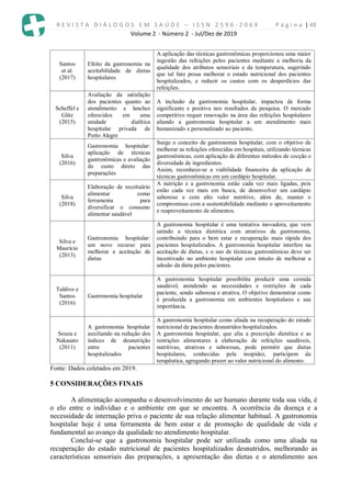 R E V I S T A D I Á L O G O S E M S A Ú D E – I S S N 2 5 9 6 - 2 0 6 X P á g i n a | 48
Volume 2 - Número 2 - Jul/Dez de 2019
Santos
et al.
(2017)
Efeito da gastronomia na
aceitabilidade de dietas
hospitalares
A aplicação das técnicas gastronômicas proporcionou uma maior
ingestão das refeições pelos pacientes mediante a melhoria da
qualidade dos atributos sensoriais e da temperatura, sugerindo
que tal fato possa melhorar o estado nutricional dos pacientes
hospitalizados, e reduzir os custos com os desperdícios das
refeições.
Scheffel e
Glitz
(2015)
Avaliação da satisfação
dos pacientes quanto ao
atendimento e lanches
oferecidos em uma
unidade dialítica
hospitalar privada de
Porto Alegre
A inclusão da gastronomia hospitalar, impactou de forma
significante e positiva nos resultados da pesquisa. O mercado
competitivo requer renovação na área das refeições hospitalares
aliando a gastronomia hospitalar a um atendimento mais
humanizado e personalizado ao paciente.
Silva
(2016)
Gastronomia hospitalar:
aplicação de técnicas
gastronômicas e avaliação
do custo direto das
preparações
Surge o conceito de gastronomia hospitalar, com o objetivo de
melhorar as refeições oferecidas em hospitais, utilizando técnicas
gastronômicas, com aplicação de diferentes métodos de cocção e
diversidade de ingredientes.
Assim, reconhece-se a viabilidade financeira da aplicação de
técnicas gastronômicas em um cardápio hospitalar.
Silva
(2018)
Elaboração de receituário
alimentar como
ferramenta para
diversificar o consumo
alimentar saudável
A nutrição e a gastronomia estão cada vez mais ligadas, pois
estão cada vez mais em busca, de desenvolver um cardápio
saboroso e com alto valor nutritivo, além de, manter o
compromisso com a sustentabilidade mediante o aproveitamento
e reaproveitamento de alimentos.
Silva e
Maurício
(2013)
Gastronomia hospitalar:
um novo recurso para
melhorar a aceitação de
dietas
A gastronomia hospitalar é uma tentativa inovadora, que vem
unindo a técnica dietética com atrativos da gastronomia,
contribuindo para o bem estar e recuperação mais rápida dos
pacientes hospitalizados. A gastronomia hospitalar interfere na
aceitação de dietas, e o uso de técnicas gastronômicas deve ser
incentivado no ambiente hospitalar com intuito de melhorar a
adesão da dieta pelos pacientes.
Taldivo e
Santos
(2016)
Gastronomia hospitalar
A gastronomia hospitalar possibilita produzir uma comida
saudável, atendendo as necessidades e restrições de cada
paciente, sendo saborosa e atrativa. O objetivo demonstrar como
é produzida a gastronomia em ambientes hospitalares e sua
importância.
Souza e
Nakasato
(2011)
A gastronomia hospitalar
auxiliando na redução dos
índices de desnutrição
entre pacientes
hospitalizados
A gastronomia hospitalar como aliada na recuperação do estado
nutricional de pacientes desnutridos hospitalizados.
A gastronomia hospitalar, que alia a prescrição dietética e as
restrições alimentares à elaboração de refeições saudáveis,
nutritivas, atrativas e saborosas, pode permitir que dietas
hospitalares, conhecidas pela insipidez, participem da
terapêutica, agregando prazer ao valor nutricional do alimento.
Fonte: Dados coletados em 2019.
5 CONSIDERAÇÕES FINAIS
A alimentação acompanha o desenvolvimento do ser humano durante toda sua vida, é
o elo entre o indivíduo e o ambiente em que se encontra. A ocorrência da doença e a
necessidade de internação priva o paciente de sua relação alimentar habitual. A gastronomia
hospitalar hoje é uma ferramenta de bem estar e de promoção de qualidade de vida e
fundamental ao avanço da qualidade no atendimento hospitalar.
Conclui-se que a gastronomia hospitalar pode ser utilizada como uma aliada na
recuperação do estado nutricional de pacientes hospitalizados desnutridos, melhorando as
características sensoriais das preparações, a apresentação das dietas e o atendimento aos
 