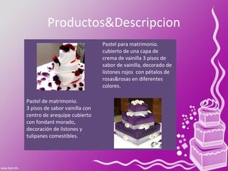 Productos&Descripcion
Pastel para matrimonio.
cubierto de una capa de
crema de vainilla 3 pisos de
sabor de vainilla, decorado de
listones rojos con pétalos de
rosas&rosas en diferentes
colores.
Pastel de matrimonio.
3 pisos de sabor vainilla con
centro de arequipe cubierto
con fondant morado,
decoración de listones y
tulipanes comestibles.
 