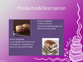 Productos&Descripcion
Postre congelado
3 sabore como el
chocolate,cafe&arequipe con
adornos de chocolate.
Postre congelado
de una galleta de brownie con
un helado de arequipe de 4
pisos con chocolate molido.
 