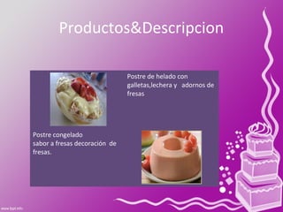 Productos&Descripcion
Postre de helado con
galletas,lechera y adornos de
fresas
Postre congelado
sabor a fresas decoración de
fresas.
 