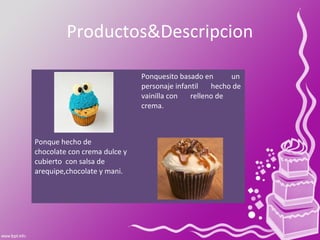 Productos&Descripcion
Ponquesito basado en un
personaje infantil hecho de
vainilla con relleno de
crema.
Ponque hecho de
chocolate con crema dulce y
cubierto con salsa de
arequipe,chocolate y mani.
 