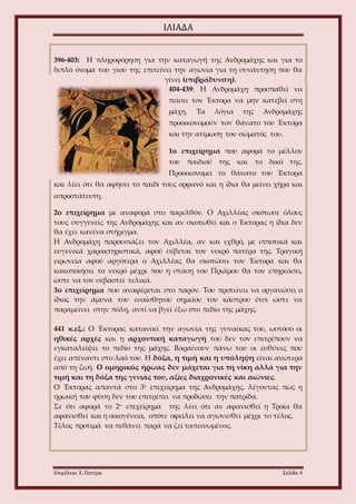 ΙΛΙΑΔΑ 
396-403: Η πληροφόρηση για την καταγωγή της Ανδρομάχης και για το 
διπλό όνομα του γιού της επιτείνει την αγωνία για τη συνάντηση που θα 
γίνει (επιβράδυνση). 
404-439: Η Ανδρομάχη προσπαθεί να 
πείσει τον Έκτορα να μην κατεβεί στη 
μάχη. Τα λόγια της Ανδρομάχης 
προοικονομούν τον θάνατο του Έκτορα 
και την ατίμωση του σώματός του. 
1ο επιχείρημα που αφορά το μέλλον 
του παιδιού της και το δικό της. 
Προοικονομεί το θάνατο του Έκτορα 
και λέει ότι θα αφήσει το παιδί τους ορφανό και η ίδια θα μείνει χήρα και 
απροστάτευτη. 
2ο επιχείρημα με αναφορά στο παρελθόν. Ο Αχιλλέας σκότωσε όλους 
τους συγγενείς της Ανδρομάχης και αν σκοτωθεί και ο Έκτορας η ίδια δεν 
θα έχει κανένα στήριγμα. 
Η Ανδρομάχη παρουσιάζει τον Αχιλλέα, αν και εχθρό, με ιπποτικά και 
ευγενικά χαρακτηριστικά, αφού σέβεται τον νεκρό πατέρα της. Τραγική 
ειρωνεία αφού αργότερα ο Αχιλλέας θα σκοτώσει τον Έκτορα και θα 
κακοποιήσει το νεκρό μέχρι που η στάση του Πριάμου θα τον επηρεάσει, 
ώστε να τον σεβαστεί τελικά. 
3ο επιχείρημα που αναφέρεται στο παρόν. Του προτείνει να οργανώσει ο 
ίδιος την άμυνα του ευαίσθητου σημείου του κάστρου έτσι ώστε να 
παραμείνει στην πόλη, αντί να βγεί έξω στο πεδίο της μάχης. 
441 κ.εξ.: Ο Έκτορας κατανοεί την αγωνία της γυναίκας του, ωστόσο οι 
ηθικές αρχές και η αρχοντική καταγωγή του δεν τον επιτρέπουν να 
εγκαταλείψει το πεδίο της μάχης. Βαραίνουν πάνω του οι ευθύνες που 
έχει απέναντι στο λαό του. Η δόξα, η τιμή και η υπόληψη είναι ανώτερα 
από τη ζωή. Ο ομηρικός ήρωας δεν μάχεται για τη νίκη αλλά για την 
τιμή και τη δόξα της γενιάς του, αξίες διαχρονικές και αιώνιες. 
Ο Έκτορας απαντά στο 3ο επιχείρημα της Ανδρομάχης, λέγοντας πως η 
ηρωική του φύση δεν του επιτρέπει να προδώσει την πατρίδα. 
Σε ότι αφορά το 2ο επιχείρημα της λέει ότι αν αφανισθεί η Τροία θα 
αφανισθεί και η οικογένεια, οπότε οφείλει να αγωνισθεί μέχρι το τέλος. 
Τέλος προτιμά να πεθάνει παρά να ζεί ταπεινωμένος. 
Επιμέλεια: Ε. Πατέρα Σελίδα 4 
 