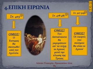 Στ. 403 Στ. 478-481
Στ. 527-529
ΟΜΩΣ!
Ο
Έκτορας
θα
σκοτωθεί
από τον
Αχιλλέα.
ΟΜΩΣ!
Τον
Αστυάνακτα
θα
γκρεμίσουν
απ’ τα τείχη
οι Αχαιοί,
μετά την
άλωση της
Τροιας
ΟΜΩΣ!
Οι νικητές
του
πολέμου
θα είναι οι
Αχαιοί
Λάππα Γλυκερία, Προκοπίου Λίνα
Β3
 