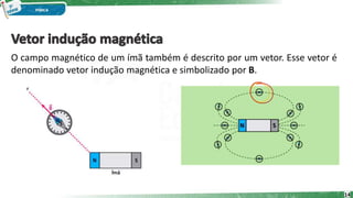 14
O campo magnético de um ímã também é descrito por um vetor. Esse vetor é
denominado vetor indução magnética e simbolizado por B.
 