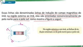 Essas linhas são denominadas linhas de indução do campo magnético do
ímã; na região externa ao ímã, elas são orientadas convencionalmente do
polo norte para o polo sul, como mostra a figura a seguir.
15
 