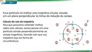 Essa partícula irá realizar uma trajetória circular situada
em um plano perpendicular às linhas de indução do campo.
Cálculo do raio da trajetória
Para que possamos entender melhor
sobre este cálculo, vamos pensar em uma
partícula atirada perpendicularmente ao
campo magnético, fazendo com que sua
trajetória seja em forma de
circunferência.
38
 