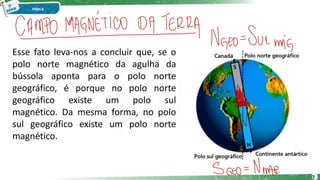 Esse fato leva-nos a concluir que, se o
polo norte magnético da agulha da
bússola aponta para o polo norte
geográfico, é porque no polo norte
geográfico existe um polo sul
magnético. Da mesma forma, no polo
sul geográfico existe um polo norte
magnético.
7
 