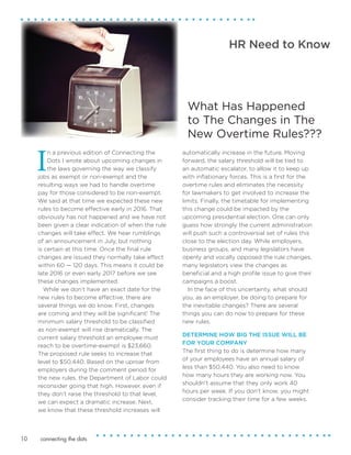 connecting the dots10
HR Need to Know
What Has Happened
to The Changes in The
New Overtime Rules???
I
n a previous edition of Connecting the
Dots I wrote about upcoming changes in
the laws governing the way we classify
jobs as exempt or non-exempt and the
resulting ways we had to handle overtime
pay for those considered to be non-exempt.
We said at that time we expected these new
rules to become effective early in 2016. That
obviously has not happened and we have not
been given a clear indication of when the rule
changes will take effect. We hear rumblings
of an announcement in July, but nothing
is certain at this time. Once the final rule
changes are issued they normally take effect
within 60 — 120 days. This means it could be
late 2016 or even early 2017 before we see
these changes implemented.
While we don’t have an exact date for the
new rules to become effective, there are
several things we do know. First, changes
are coming and they will be significant! The
minimum salary threshold to be classified
as non-exempt will rise dramatically. The
current salary threshold an employee must
reach to be overtime-exempt is $23,660.
The proposed rule seeks to increase that
level to $50,440. Based on the uproar from
employers during the comment period for
the new rules, the Department of Labor could
reconsider going that high. However, even if
they don’t raise the threshold to that level,
we can expect a dramatic increase. Next,
we know that these threshold increases will
automatically increase in the future. Moving
forward, the salary threshold will be tied to
an automatic escalator, to allow it to keep up
with inflationary forces. This is a first for the
overtime rules and eliminates the necessity
for lawmakers to get involved to increase the
limits. Finally, the timetable for implementing
this change could be impacted by the
upcoming presidential election. One can only
guess how strongly the current administration
will push such a controversial set of rules this
close to the election day. While employers,
business groups, and many legislators have
openly and vocally opposed the rule changes,
many legislators view the changes as
beneficial and a high profile issue to give their
campaigns a boost.
In the face of this uncertainty, what should
you, as an employer, be doing to prepare for
the inevitable changes? There are several
things you can do now to prepare for these
new rules.
DETERMINE HOW BIG THE ISSUE WILL BE
FOR YOUR COMPANY
The first thing to do is determine how many
of your employees have an annual salary of
less than $50,440. You also need to know
how many hours they are working now. You
shouldn’t assume that they only work 40
hours per week. If you don’t know, you might
consider tracking their time for a few weeks.
 