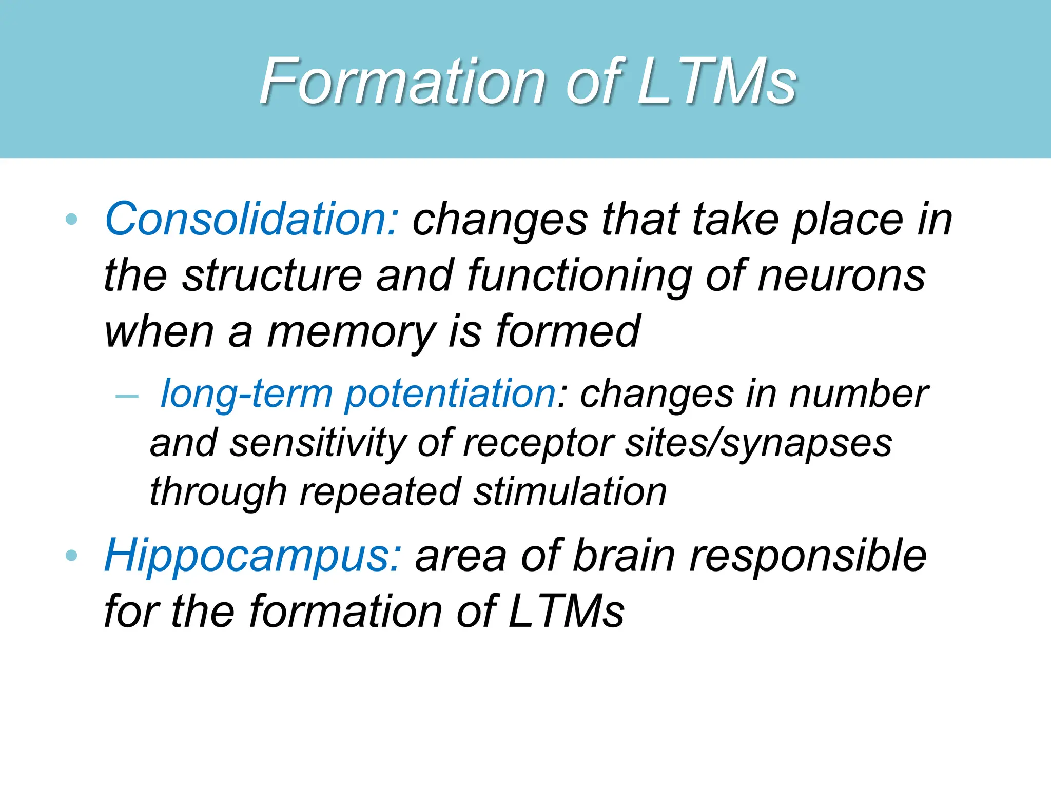 Formation of LTMs
• Consolidation: changes that take place in
the structure and functioning of neurons
when a memory is formed
– long-term potentiation: changes in number
and sensitivity of receptor sites/synapses
through repeated stimulation
• Hippocampus: area of brain responsible
for the formation of LTMs
 