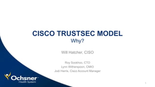 CISCO TRUSTSEC MODEL
Why?
Will Hatcher, CISO
Roy Sookhoo, CTO
Lynn Witherspoon, CMIO
Jodi Harris, Cisco Account Manager
1
 