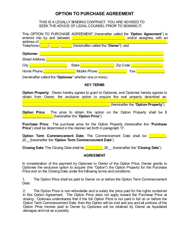 Assignment of option to purchase real estate option agreement for