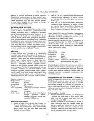 Pak. J. Nutr., 8 (5): 530-538, 2009

Keeping in view the importance of diverse medicinal                C   Sa'id bin Zaid (R.A.) reported: I heard Allah's Apostle
flora and rich medicinal culture of Islam, research work               (Sallallaho Alaihi Wassallum) as saying: Truffles
was conducted to investigate ethnobotanical uses and                   are a kind of 'Manna' and their juice is a medicine
create awareness about the plant species enlisted                      for the eyes
in Holy Quran, Ahadith for the welfare of human                    C   Sa'id bin Zaid (R.A.) reported Allah's Messenger
communities throughout the world.                                      (Sallallaho Alaihi Wassallum) as saying: Truffles
                                                                       are a kind of 'Manna' which Allah the Glorious and
MATERIALS AND METHODS                                                  Exalted, sent down upon the people of Israil, and its
The research work was conducted by reviewing the Holy                  juice is a medicine for the eyes (Farooqi, 1998)
Quran, Ahadith and Islamic books. Comprehensive and
detailed information about 9 herbaceous vegetable
                                                                   Hazrat Suhaib (R.A.) reported Rasulallah (may peace be
plants of ethnobotanical importance mentioned in the
                                                                   upon Him) as saying: Truffles are a kind of 'Manna'
Holy Quran and Ahadith were collected from these
                                                                   which Allah sent down upon Bani Israil and their juice is
sources. Plants species were arranged in systematic
                                                                   a medicine for the eyes (Farooqi, 1998).
order of botanical names in alphabetic order followed by
                                                                   Abu Huraira (R.A.) narrates: one day the companions of
family, Quranic name, Arabic name, English name, habit
                                                                   Rasulullah (SAW) said to Him (SAW), “Truffles are the
and habitat, part used, medicinal uses and references
                                                                   small pox of the earth”. Upon this Rasulullah (SAW)
cited from Holy Quran, Ahadith and Islamic books.
Correct botanical names, their families and identification         said, “Truffles are 'Manna' and their juice is the medicine
of plants were done by using flora of Pakistan.                    for the eyes (Farooqi, 1998).


RESULTS                                                            Allium cepa L.
Present findings were confined to 9 herbaceous                     English Name        :   Onion
vegetable plant species belonging to 8 genera of 7                 Local Name          :   Piaz
families enlisted in Holy Quran, Ahadith and Islamic               Arabic Name         :   Basal
literature. These plants are Agaricus campestris L.,               Family              :   Alliaceae
Allium cepa L., Allium sativum L., Beta vulgaris L.                Habit and Habitat   :   Herbacous, cultivated in the field
Citrulus lanatus (Thunb.) Mats. and Nakai, Cucumis                 Part used           :   Rhizome, leaves and seeds
sativus L., Lagenaria siceraria, Trigonella foenum-
graecum L. and Zingiber officinale Roscoe. which are               Medicinal uses: Antidote, Stomach diseases, cholera,
used throughout Pakistan for various aspects such as               Diarrhoea, throat infection, common cold, cough, fever,
vegetable, medicinal and industrial products. Data                 influenza, ear pain, improve sperm production, clear face
inventory constitutes botanical name, family, Quranic              and skin spots, appetizer, headache, hepatitis, piles, eye
name, English name, local names, Arabic name, habit                diseases, baldness, constipation, menstruation and
and habitat, distribution; parts used, medicinal uses and          intestinal diseases.
references cited from Holy Quran and books of Ahadith.
                                                                   References from Holy Qurn (Verse #. 61, Chapter #.1-
Agaricus campestris L.                                             Surah Al Baqarah): And (remember) when you said, “O
English Name      : Mushroom                                       Mûsâ (Musa)! we cannot endure one kind of food. So
Local Name        : Khumbi                                         invoke your Lord for us to bring forth for us of what the
Arabic Name       : Esh El-Ghorab                                  earth grows, its herbs, its cucumbers, its Fûm (wheat or
Family            : Agaricaceae                                    garlic), its lentils and its onions.” He said, “Would you
Habit and Habitat : Fleshy fungus, terrestrial and moist           exchange that which is better for that which is lower? (Al-
                    places                                         Hilali and Khan, 1985).
Part used         : Whole part
Medicinal uses    : Eye diseases, clear eyes, physical             References from Ahadith
                    strength,    germicide,     arthritis,         C   Narrated Jabir bin 'Abdullah: (R.A.) the Prophet said,
                    paralysis, parknesis, muscle pain,                 "Whoever has eaten garlic or onion should keep
                    headache and Dizziness                             away from us or should keep away from our
                                                                       mosque (Farooqi, 1998)
References from Ahadith:                                           C   Narrated Mu'awiyah ibn Qurrah (R.A.): the Apostle of
C   Saeed bin Zaid (R.A.) narrates that I heard the                    Allah (peace_be_upon_him) forbade these two
    Prophet (Sallallaho Alaihi Wassallum) saying,                      plants (i.e. garlic and onions) and he said: He who
    "Truffles are like Manna (i.e. they grow naturally                 eats them should not come near our mosque. If it is
    without man's care) and their water heals eye                      necessary to eat them, make them dead by cooking,
    diseases."(Farooqi, 1998)                                          that is, onions and garlic (Ahmad, 1988)


                                                             531
 