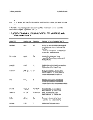 Steam generator                                                        Ganesh kumar




          r
Pt =     Σ pI where pi is the partial pressure of each components gas of the mixture.
       i =1

If P and the molar composition (% volume) of the mixture are known pi can be
calculated using the expression pi = xi P

2.6 SOME COMMONLY USED DIMENSIONLESS NUMBERS AND
    THEIR SIGNIFICANCE


NUMBER                FORMULA      SYMBOL       DEFINITION & SIGNIFICANCE

Nusselt               hd/k         Nu           Radio of temperature gradients by
                                                conduction and convection at the
                                                surface
                                                -used for convection heat transfer
                                                coefficient determination

Reynolds              ρvd/µ        Re           Inertia force/viscous force
                                                - used for forced convection and
                                                friction factor


Prandtl               Cpµ/k        Pr           Molecular diffusivity of momentum
                                                Molecular diffusivity of heat

Grashof               ρ²d3 gß∆T/µ² Gr           Buoyancy force x Inertia force
                                                Viscous force x viscous force
                                                - used for natural convection


Biot                  hd/ks        Bi           Internal conduction resistance
                                                Surface convection resistance
                                                - used for fin temperature estimation


Peclet                vdρCp/k      Pe=RePr      Heat transfer by convection
                                                Heat transfer by conduction
Stanton               h/Cpρv       St=Nu/Pe     Wall heat transfer rate
                                                Heat transfer by convection

Euler                 ∆P/ρv²       Eu           Pressure force/Inertia force
                                                - used to find pressure drop

Froude                v²/gl        Fr           Inertia force/gravity force
 