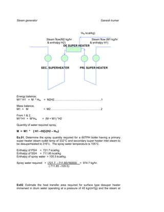 Steam generator                                                   Ganesh kumar



                                                  Hfw kcal/kg)

                        Steam flow(M2 kg/hr          Steam flow (M1 kg/hr
                        & enthalpy H2)              & enthalpy H1)
                                    DE SUPER HEATER




                    SEC. SUPERHEATER             PRI. SUPER HEATER




Energy balance,
M1* H1 + M * Hfw      = M2H2……………………………………………1

Mass balance,
M1 + M                = M2……………………………………………….2

From 1 & 2,
M1*H1 + M*Hfw        = (M + M1) *H2

Quantity of water required spray,

M = M1 *     { H1 H2}/{H2     Hfw}

Ex.01. Determine the spray quantity required for a 60TPH boiler having a primary
super heater steam outlet temp of 332°C and secondary super heater inlet steam to
be desuperheated to 316°c. The spray water temperature is 105°C.

Enthalpy of PSH = 721.7 kcal/kg
Enthalpy of SSH = 711.85 kcal/kg
Enthalpy of spray water = 105.5 kcal/kg.

Spray water required = (721.7 - 711.85)*60000    = 974.7 kg/hr.
                        ( 711.85 –105.5)




Ex02. Estimate the heat transfer area required for surface type desuper heater
immersed in drum water operating at a pressure of 45 kg/cm²(g) and the steam at
 