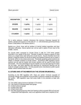 Steam generator                                                        Ganesh kumar




      DESCRIPTION             XX                 YY                   ZZ


        SPHERE             t =pd/4            t =pd/4              t =pd/4


        SQUARE            t =pd/              t =pd/4              t =pd/2


       CYLINDER            t =pd/2            t =pd/2              t =pd/4



For a same pressure, material, dimension the minimum thickness required for
sphere, cylinder and square is in the ratio of 1: 2 : 2.83 (thickness governing formula
shown in bold letters in the tabular column )

Sphere as a drum, there will be problem of having holding capacities and then
fabrication difficulties. Hence sphere can not be used in place of drum due to the
smaller volume.

For square when compared to circular drums it calls for 1.414 times greater
thickness in turn weight of the drum. Number of welds for making a square is more
where as a single fusion weld will do for circular drums. Square chamber has to be
placed in diagonal position for the lift of steam and therefore opening has to made in
the bends, which is very stress prone area. Practically speaking square sections are
inferior in strength compare to circular section. According to IBR regulation square
sections can be used as header and circular sections can be used for both drums
and header. The main advantage of square header is at one side openings for tubes
can be made and other opposite side openings for mechanical cleaning can be
made for straight inclined tubes. For this purpose some manufacturer prefer square
header, where inclined tubes are used.

5.3 STUBS AND ATTACHMENTS IN THE STEAM DRUM/SHELL

According to the IBR regulation 281, there are certain minimum requisite of
mountings, fittings and auxiliaries to be provided in pressure vessels for the safety of
the system. IBR regulation says that every boiler to be provided at least with
following

1.0   Two safety valves (minimum diameter 0.75 inches)
2.0   Two means of indicating water level gauge
3.0   A steam pressure gauge
4.0   A steam stop valve
5.0   A feed check valve
6.0   One feed apparatus(pump) when the heating surface exceeds 200 sq.ft and two
      independent feed apparatus each such apparatus shall have a capacity of not
 