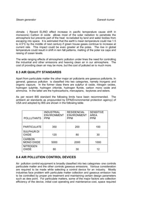 Steam generator                                                         Ganesh kumar



climate. ( Recent ELINO effect increase in pacific temperature cause shift in
monsoons) Carbon di oxide allows most of the solar radiation to penetrate the
atmosphere but prevents part of the heat re-radiated by land and water bodies from
escaping into space. It is estimated that the earth’s mean temperature could rise 1.5
to 4.5°C by the middle of next century if green house gases continue to increase at
current rate. This impact could be even greater at the poles. The rise in global
temperature could result in shift in rain fall patterns, melting of the polar ice caps and
raising of ocean levels.

The wide ranging effects of atmospheric pollution under lines the need for controlling
the industrial and other emissions and heaving clean air in our atmosphere. The
cost of providing clean air may be more, but the cost of polluted air is much more.

8.3 AIR QUALITY STANDARDS

Apart from particulate matter the other major air pollutants are gaseous pollutants. In
general, gaseous pollution is classified into two categories, namely inorganic and
organic vapours. In the former class there are sulphur di oxide, nitrogen oxides,
hydrogen sulphite, hydrogen chloride, hydrogen fluride, carbon mono oxide and
ammonia. In the latter are the hydrocarbons, mercaptans, keytones and esters.

As per recent BIS standard the following limits have been recommended. The
ambient air standards as propounded by EPA(Environmental protection agency) of
USA and adopted by BIS are shown in the following table.


                         INDUSTRIAL          RESIDENCIAL          SENSITIVE
                         ENVIRONMENT         ENVIRONMENT          AREA
      POLLUTANTS         PPM                 PPM                  PPM


      PARTICULATE               350                  200               100
      SULPHUR DI
      OXIDE                     120                  80                 30
      CARBON
      MONO OXIDE               5000                 2000               1000
      NITROGEN
      OXIDE                      80                  30                 12


8.4 AIR POLLUTION CONTROL DEVICES

Air pollution control equipment is broadly classified into two categories- one controls
particulate matter and the other controls gaseous emissions. Various consideration
are required to be made while selecting a control device for an industry. Mostly
industries face problem with particulate matter collection and gaseous emission has
to be controlled by proper pre treatment and maintaining certain design parameters
such as dew point. For particulate matters, some of the major factors are collection
efficiency of the device, initial cost operating and maintenance cost, space required
 