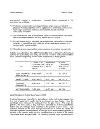 Steam generator                                                        Ganesh kumar



arrangement, material of construction.        Important factors considered in this
connection are as follows.

1.0 Particulate characteristics such as particle size range, shape, density and
    physical, chemical properties such as agglomeration tendencies, corrosiveness,
    hydroscopic tendencies, stickiness, inflammability, toxicity, electrical
    conductivity and others.

2.0 Gas characteristics such as temperature, pressure, humidity density, dew points
    of condensable components viscosity, electrical conductivity etc.,

3.0 Process factors such as volumetric gas emission rate, particulate concentration,
    variability of material flow rates, collection efficiency allowable pressure drop,
    product quality requirement etc.

4.0 Operational factors such as floor space, pressure, temperature, corrosion etc.

In boiler applications bag filter, ESP, Wet scrubber and centrifugal mechanical dust
collector are quite widely used for fly ash removal. So let us try to understand how
these systems are operating and the merits and demerits of these systems.


                             COLLECTION          PRESSURE          POWER
                             EFFICIENCY IN       DROP IN           CONSUMED
           TYPE              PERCENTAGE          MM WC             BHP PER100
                             WEIGHT                                M^3/MIN


        ELECTROSTATIC        80 TO 99.5%         2 TO 20           0.2 TO 0.5
        PRECIPITATOR

        FABRIC FILTER        95 TO 99.5%         50 TO 150         0.8 TO 2.6

        CYCLONE              50 T0 95%           25 TO 100         0.4 TO 2.2
        SEPARATOR

        WET SCRUBBER         75 TO 99%           50 TO 400         0.8 TO 6


CENTRIFUGAL CYCLONE DUST COLLECTOR

It is the cheapest and most effective dust collector. In the multi cyclone device there
is a nest of cyclones in parallel having one header and dust hopper. Here the
centrifugal action removes the particulate from the gas stream. The larger the
particles, the more easily or they likely to be collected due to their proportionate
higher ratio of centrifugal force imparted to the particle of given mass. Dust
collection depends on the radius through which the gas is turned, the smaller the
radius the higher the centrifugal force. Centrifugal action throw the heavy particles to
the side of the cyclone, where the dust can slide down to a hopper at the bottom.
The cyclone works with two vortex. The cyclone possesses a high separation factor
 