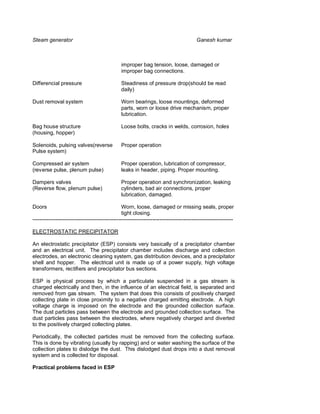 Steam generator                                                                            Ganesh kumar



                                                 improper bag tension, loose, damaged or
                                                 improper bag connections.

Differencial pressure                            Steadiness of pressure drop(should be read
                                                 daily)

Dust removal system                              Worn bearings, loose mountings, deformed
                                                 parts, worn or loose drive mechanism, proper
                                                 lubrication.

Bag house structure                              Loose bolts, cracks in welds, corrosion, holes
(housing, hopper)

Solenoids, pulsing valves(reverse                Proper operation
Pulse system)

Compressed air system                            Proper operation, lubrication of compressor,
(reverse pulse, plenum pulse)                    leaks in header, piping. Proper mounting.

Dampers valves                                   Proper operation and synchronization, leaking
(Reverse flow, plenum pulse)                     cylinders, bad air connections, proper
                                                 lubrication, damaged.

Doors                                             Worn, loose, damaged or missing seals, proper
                                                  tight closing.
----------------------------------------------------------------------------------------------------------------

ELECTROSTATIC PRECIPITATOR

An electrostatic precipitator (ESP) consists very basically of a precipitator chamber
and an electrical unit. The precipitator chamber includes discharge and collection
electrodes, an electronic cleaning system, gas distribution devices, and a precipitator
shell and hopper. The electrical unit is made up of a power supply, high voltage
transformers, rectifiers and precipitator bus sections.

ESP is physical process by which a particulate suspended in a gas stream is
charged electrically and then, in the influence of an electrical field, is separated and
removed from gas stream. The system that does this consists of positively charged
collecting plate in close proximity to a negative charged emitting electrode. A high
voltage charge is imposed on the electrode and the grounded collection surface.
The dust particles pass between the electrode and grounded collection surface. The
dust particles pass between the electrodes, where negatively charged and diverted
to the positively charged collecting plates.

Periodically, the collected particles must be removed from the collecting surface.
This is done by vibrating (usually by rapping) and or water washing the surface of the
collection plates to dislodge the dust. This dislodged dust drops into a dust removal
system and is collected for disposal.

Practical problems faced in ESP
 