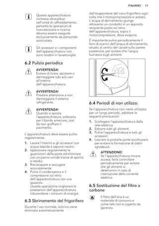 Questa apparecchiatura
contiene idrocarburi
nell’unità di raffreddamento,
pertanto le operazioni di
manutenzione e ricarica
devono essere eseguite
esclusivamente da personale
autorizzato.
Gli accessori e i componenti
dell’apparecchiatura non
sono lavabili in lavastoviglie.
6.2 Pulizia periodica
AVVERTENZA!
Evitare di tirare, spostare o
danneggiare tubi e/o cavi
all'interno
dell'apparecchiatura.
AVVERTENZA!
Prestare attenzione a non
danneggiare il sistema
refrigerante.
AVVERTENZA!
Quando si sposta
l'apparecchiatura, sollevarla
per il bordo anteriore, così
da non graffiare il
pavimento.
L'apparecchiatura deve essere pulita
regolarmente:
1. Lavare l'interno e gli accessori con
acqua tiepida e sapone neutro.
2. Ispezionare regolarmente le
guarnizioni della porta ed eliminare
con un panno umido tracce di sporco
e residui.
3. Risciacquare e asciugare
accuratamente.
4. Pulire il condensatore e il
compressore sul retro
dell'apparecchiatura con una
spazzola.
Questa operazione migliorerà le
prestazioni dell'apparecchiatura
riducendone i consumi di energia.
6.3 Sbrinamento del frigorifero
Durante l'uso normale, la brina viene
eliminata automaticamente
dall'evaporatore del vano frigorifero ogni
volta che il motocompressore si arresta.
L'acqua di sbrinamento giunge
attraverso un condotto in un apposito
recipiente posto sul retro
dell'apparecchiatura, sopra il
motocompressore, dove evapora.
È importante pulire periodicamente il
foro di scarico dell'acqua di sbrinamento,
situato al centro del canale sulla parete
posteriore, per evitare che l'acqua
fuoriesca sugli alimenti.
6.4 Periodi di non utilizzo
Se l'apparecchiatura non viene utilizzata
per un lungo periodo, adottare le
seguenti precauzioni:
1. Scollegare l'apparecchiatura dalla
rete elettrica.
2. Estrarre tutti gli alimenti
3. Pulire l'apparecchiatura e tutti gli
accessori.
4. Lasciare la porta/le porte socchiusa/e
per evitare la formazione di odori
sgradevoli.
ATTENZIONE!
Se l'apparecchiatura rimane
accesa, farla controllare
periodicamente per evitare
che gli alimenti si
deteriorino in caso di
interruzione della corrente
elettrica.
6.5 Sostituzione del filtro a
carbone
Il filtro dell'aria è un
materiale di consumo e
come tale non è coperto da
garanzia.
ITALIANO 11
 